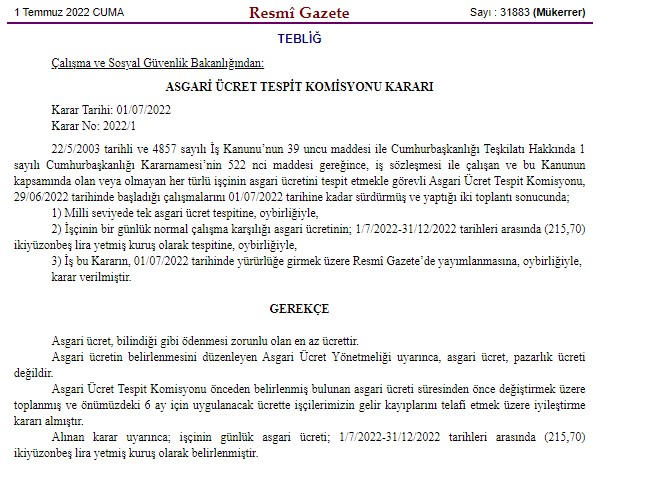 resmi gazete asgari ücret